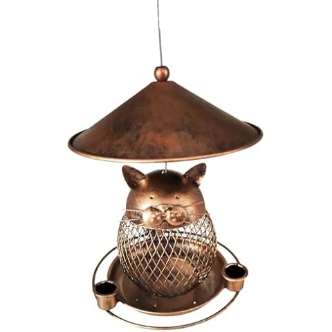 JBDEONFK, Hanging Bird Feeder, Squirrel-Proof Design, Metal Bird Feeder, Outdoor Bird Feeder, Cat-Shaped, Easy Installation, Rust Resistant, 6.1" L x 6.1" W x 7.81" H, Brown Cover