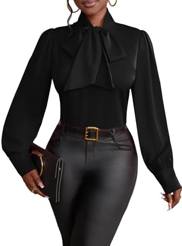 Vrtige Women's Elegant Bow Tie Neck Long Sleeve Blouse Office Shi...