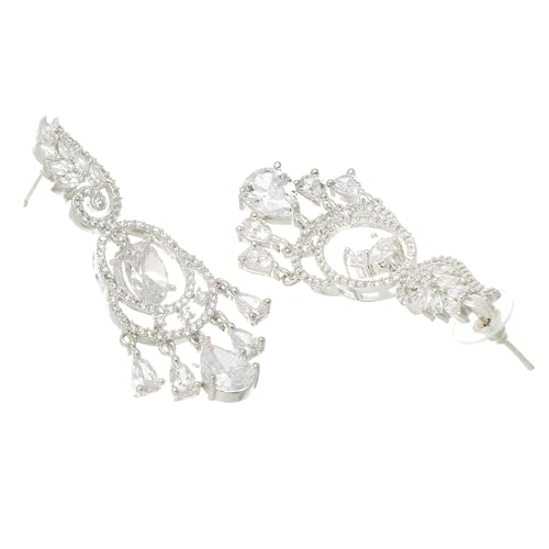 Image of ZENEME Rhodium-Plated American Diamond Studded Oval & Leaf Shaped Drop Earrings For Girls and Women