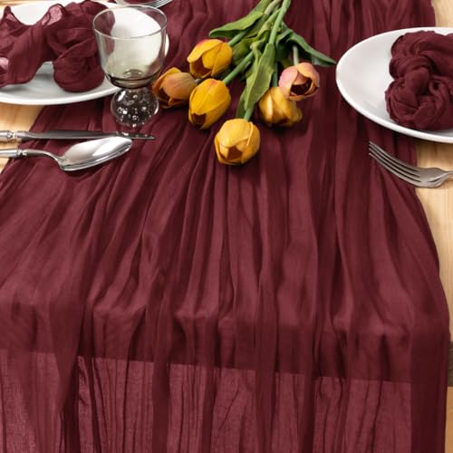 Image of MLMC Burgundy Red Table Runner 10ft Wine Red Cheesecloth Table Runner Sheer Gauze Cheese Cloth Centerpiece 35x120 Inches for Wedding Bridal Shower Anniversary Events Decor