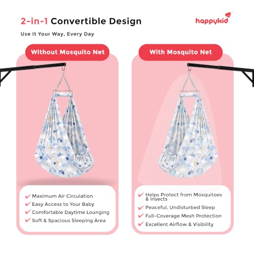 Image of Happykid Baby Cradle Set | Durable Cotton Cloth, Mosquito Net, Spring, Triangle and Window Hanger (Blue, Without Bed)