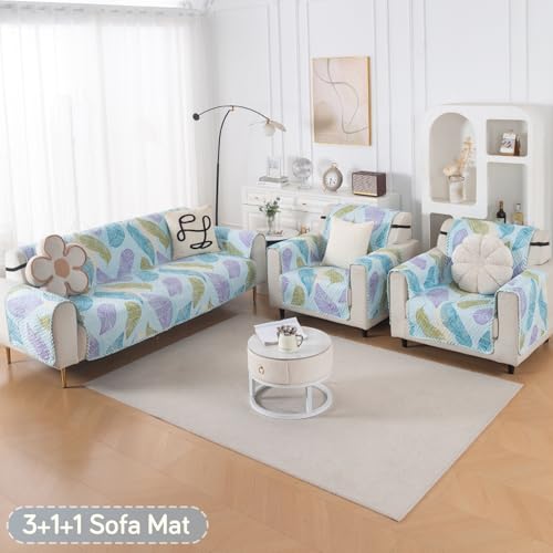 Image of HOKIPO Double Sided Quilted Sofa Cover 5 Seater Fully Covered, (3+1+1) Sofa Cover Set, Easy Drape Series, Colourful Leaves (IN-1101 + IN-1099 * 2-ED2)