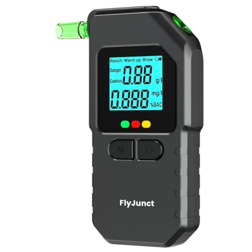 FlyJunct Professional Digital Breath Alcohol Detector, Black LCD Display, Portable BAC Tester with Backlit Screen, Advanced Through-Air Volume Technology, Dual Unit Measurement