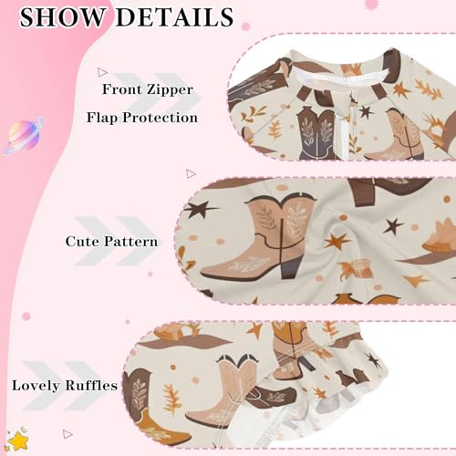 CaTaKu Girls One Piece Swimsuit Cowgirl Boots Brown Toddler Bathing Suit Long Sleeve UPF 50+ Rash Guard Swimwear 3-12Y3