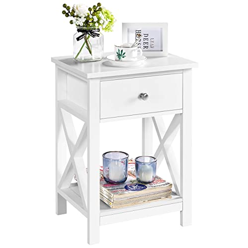 Yaheetech White Bedside Table with Drawer X Design Sturdy Bedside Cabinet with Storage Shelf Wooden Bed Side Table Storage Unit for Bedroom/Living Room, 40x30x55cm
