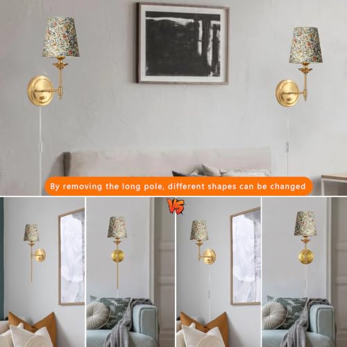 Image of Dimmable Plug in Wall Sconces Set of 2, Gold Bedside Wall Lamp with Knob Dimmer Switch and Flower Shade, 6.5FT Electric Cord Mid Century Modern Bathroom Wall Light Fixture for Bedroom Living Room