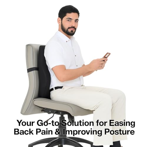 Image of Lumber Support Pillow for Office Chair & Car | Memory Foam Back Cushion for Lower Back Pain Relief | Eargonomic Support with Adjustable Strap & Washable Black Cover | Pack of 1