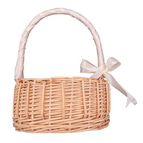 Ksrnsne Wicker Woven Flower Basket with Handle and White Ribbon Wedding Flower Girl Basket for Home Garden Decoration Small