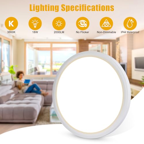 Befurglor 18W LED Ceiling Lights,2000LM Warm White 3000K Round Bathroom Lights diameter 23cm White,Waterproof IP44,150W Equivalent,Flush Ceiling Light for Living Room,Bedroom - Image 3