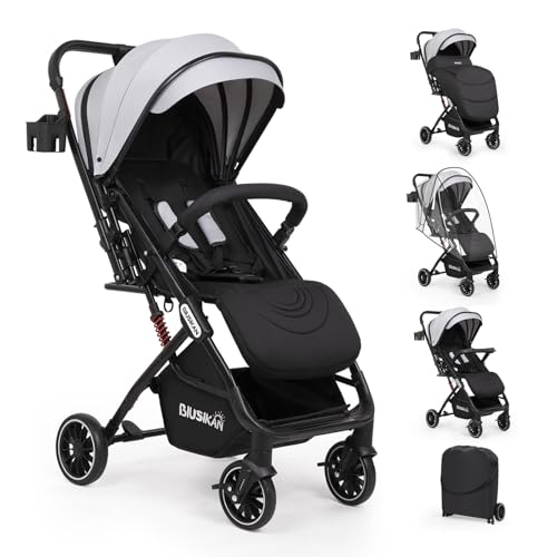 Image of BIUSIKAN Baby Stroller - Lightweight Travel Stroller w/Snack Tray, Footmuff, Raincover, Cup Holder & Travelbag, All-Scene Suspension System, Large Basket for 7-18 Months (Gray)
