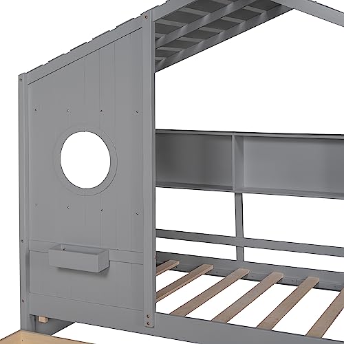 Image of Modern Twin Size House Bed with Roof and Window, Wooden Daybed Frame with Shelves and 2 Drawers,Bedroom Furniture for Girls & Boys (Gray+2 Drawers /)