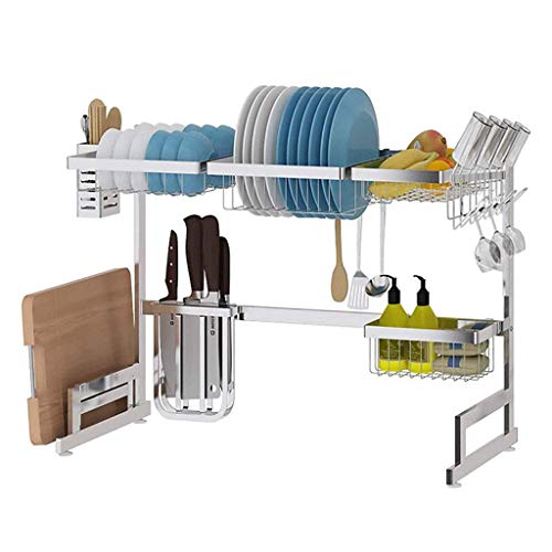 Escurridor de platos para fregadero para almacenamiento de suministros de cocina, soporte para utensilios, 2 niveles para encimera de cocina, acero inoxidable, soporte de exhibición que ahorra espacio