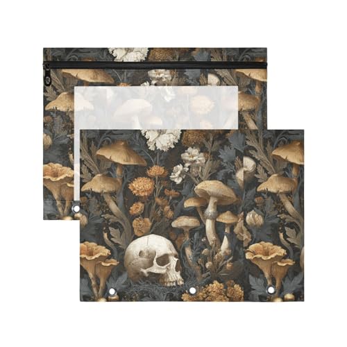Boccsty Dark Wildflowers Mushrooms Skull Binder Pouches Pencil Pouch 3 Hole Zipper Pen Case Bag Holder A4 Clear Window for Office School College Supplies