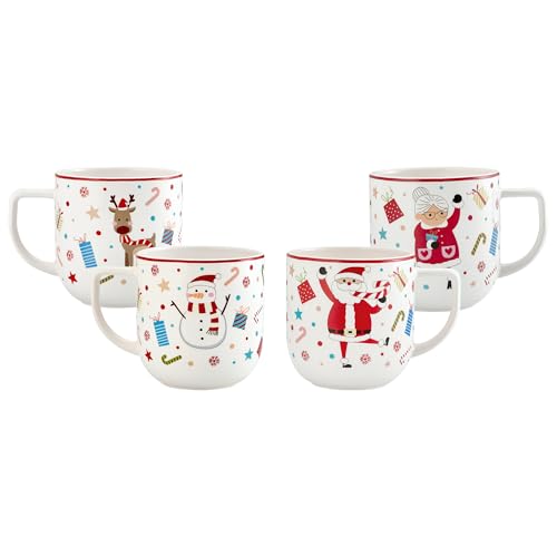 Bico Christmas Merry Crew Ceramic Mug Set of 4, Christmas Coffee Mugs, 19oz Holiday Cups for Tea, Cocoa, or Hot Drinks, Microwave & Dishwasher Safe