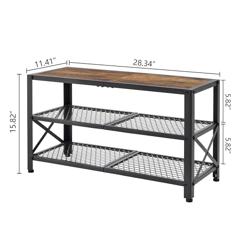 Hoctieon Shoe Rack, 3-Tier Shoe Organizer, 28in Small Wooden Shoe Bench for Front Door, Shoe Storage with Mesh Shelves for Entryway Living Room Hallway Closet, Rustic Brown (3-Tier) - Thumbnail 3