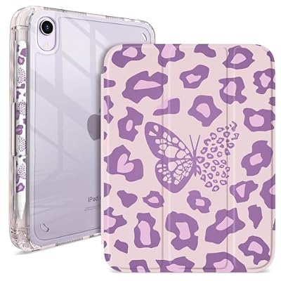 Pelindrons Shockproof iPad mini 6/7 Case with Pencil Holder - 3-Fold Stand, Auto Wake/Sleep, Cute Kawaii Pattern Cover for Women & Girls (Purple Leopard Print Butterfly)