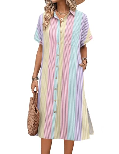Image of HOTOUCH Womens Dress Summer Casual Midi Short Sleeve Button Down Shirt Dresses Loose Beach Cover Up with Pockets