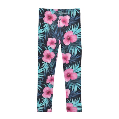 Red Pink Hibiscus Leaf Girls Casual Leggings for Kids Printed Long Pant Bottoms Stretch and Soft2