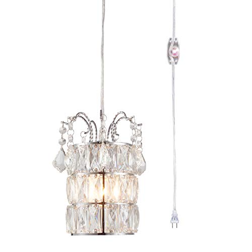 Creatgeek Crystal Pendant Light,Plug in Mini Chandeliers-On/Off Dimmer Switch,Clear 16.4'(Ft) Cord,Chrome Finish Modern
