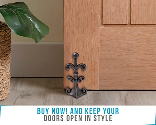 Fleur De Lis Cast Iron Door Stop | Decorative Door Stopper Wedge | With Padded Anti-Scratch Felt Bottom | Antique Vintage Design | Solid And Heavy Duty| 4X3.5X7.75" | Silver With Black By Comfify #TOP4