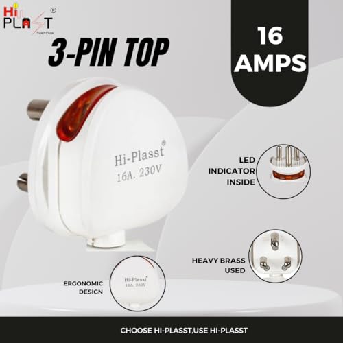 Image of HI-PLASST (Pack of 5) 16A 3 Pin Power Plug - Best for AC, Geyser & Microwave | 16 Amp Socket Plug | IS 1293 Certified | Brass Contacts | 16 amp plug top |16A electrical plug | 16A power plug