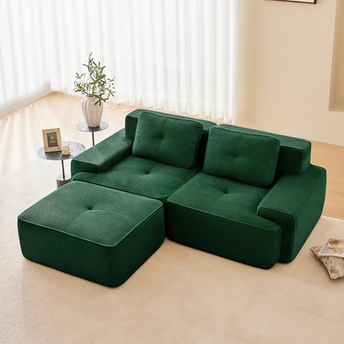 Luscriate Boneless Sofá modular, moderno para salón con asiento bajo de 74 cm, sofá de pana, sofá tapizado en la nube combinable, para salón (verde, 2 + 1)