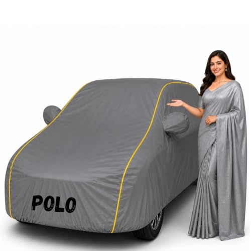 Image of Waterproof Car Body Cover for Polo All Weather Protection Comes with Inner Cotton Lining & Triple Stitched with Mirror & Antenna Pocket Belt & Elastic Fit Grey with Yellow Piping