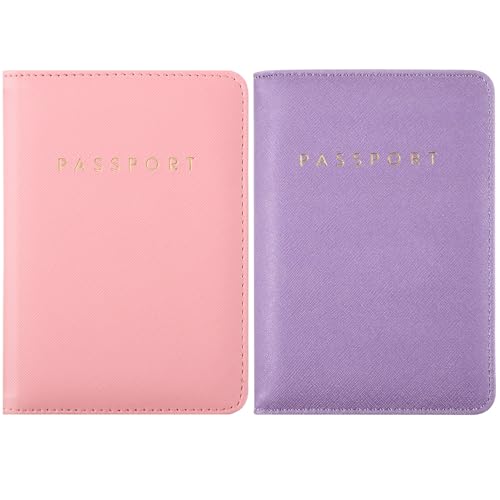 Frienda 2 Pcs Passport Holder Covers Waterproof Leather, Pink, Taro Purple