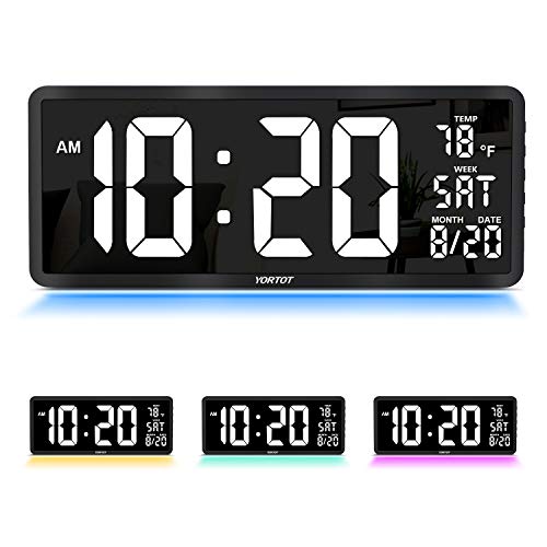 16” Large Digital Wall Clock with Remote Control and 7 Night Light, 4 Level Dimmer, Big LED Clock with Indoor Temperature, Date, Wall Mount/Fold Out Stand, Perfect for Home, Office, Gym (White)