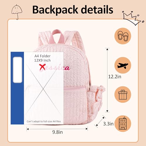 Image of Toddler Girl Backpack Personalized Small Backpack with Name | 12inch Punch Backpack for Toddler Girls Age 1-3,Quilted & Lightweight Fabric,Water Bottle Pockets with Bow,Custom Baby Gift