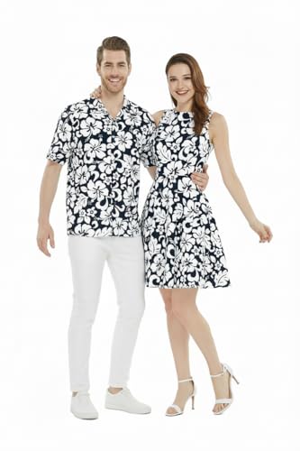 Image of Couple Matching Hawaiian Luau Men Shirt and Women Vintage Fit and Flare Dress in Classic Vintage Hibiscus