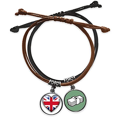 Pulsera de Reino Unido con corazón de bandera Union Jack y cadena de cuero trenzado ajustable