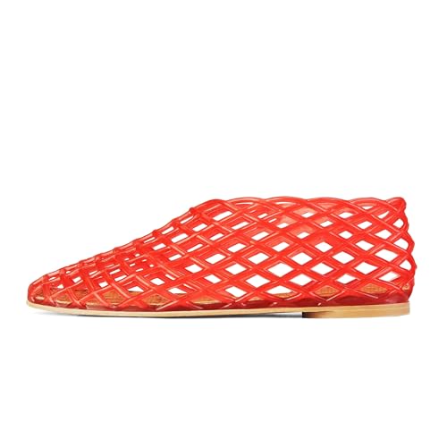 GTBINGGO Red Jelly Mesh Ballet Flats for Women Adult Clear Hollow Jelly Sandals Closed Toe Beach Ballerina Jellies Shoes Comfortable Fishnet Ballerina Flats Shoes