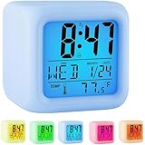 Retoo Sveglia digitale a 7 colori con grande display a LED con temperatura, data, snooze per bambini, ragazzi, ragazze, sveglia da viaggio con batteria backup, camera da letto, bianco