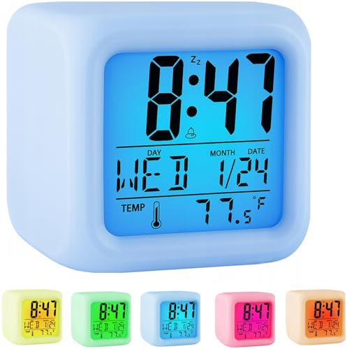 Retoo Relógio despertador digital de 7 cores RGB, LED ecrã relógio alarme, relógio despertador digital inteligente com repetição de dados de temperatura, a pilhas, para crianças, adultos, viajar