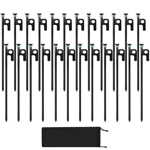 24Pcs Tent Stakes, 12in Heavy Duty Tent Stakes with Storage Pouch, Forged Steel Metal Stake for Tent Used on Rocky Place, Grassland, Dessert(24Pcs, 12in, Diameter 1/4