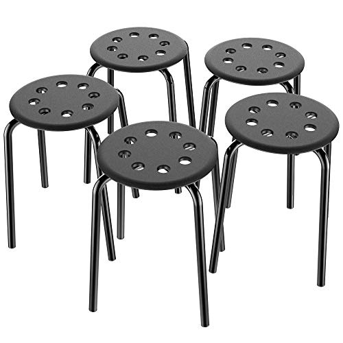 Topeakmart Set Of 5 Commercial Plastic Stackable Stools Round Top Backless Stool Metal Leg 17.3In Height Black #TOP1