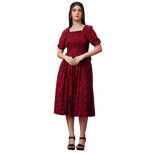 Image of Globus Women Black and Red Square Neck Puff Sleeve Smocked Midi Dress-3640243001