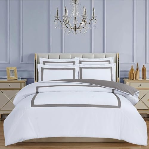 Majestic Giftware Madison Linen 8-Piece 44" Twin Size Bedding Set (BL2-44T-8) | Province Hotel Collection-White-Taupe Tape 400 TC Cotton Sateen | 2 Fitted Sheets, 2 Duvets, 4 Pillowcases