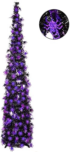 N&T NIETING Halloween Tinsel Tree 5ft Collapsible Pop-Up Black Artificial Pencil Tree with Purple Spiders Sequins for Halloween Party Home Fireplace Decoration