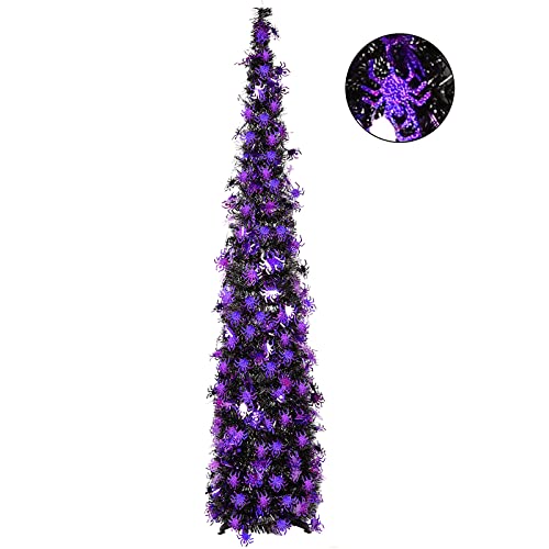 N&T Nieting Halloween Tinsel Tree 5Ft Collapsible Pop-Up Black Artificial Pencil Tree With Purple Spiders Sequins For Halloween Party Home Fireplace Decoration #TOP12