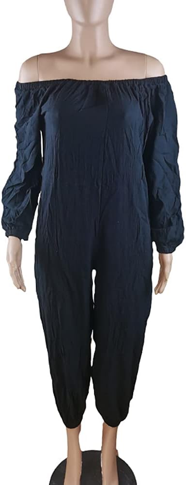 MESLIMA Women's Loose Fit Elastic Off Shoulder Beam Foot Long Sleeve Jumpsuit Rompers with Pockets Plus Size - Image 2