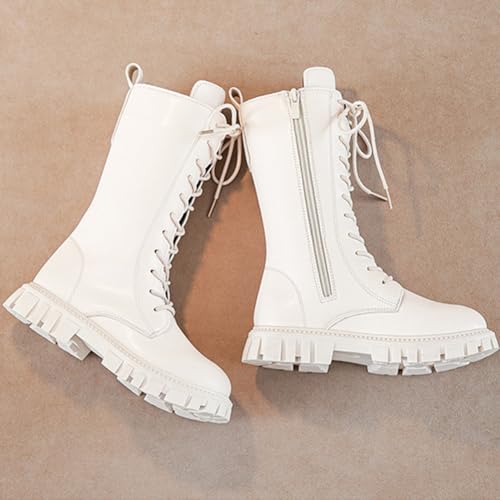 Girl's Lace-Up Zipper Combat Waterproof Boots PU Leather Side Zipper Punk Goth Boot for Little Kid/Big Kid Campus Style (White,4.5)4