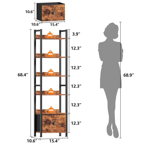 Image of Furologee Book Shelf Set of 2, 6 Tier Tall Shelf with Drawer, Bookshelves and Bookcases Set of 2, Industrial Display Shelving Unit for Bedroom, Living Room, Home Office, Rustic Brown