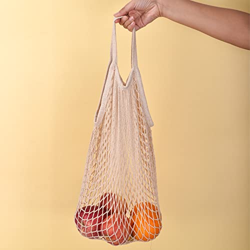 Eslazoer [3 Pack Completely Cotton String Storage Shopping Bags, Ecology Reusable And Washable Mesh Grocery Bag, Portable Short Handle Net Tote (Beige) #TOP3