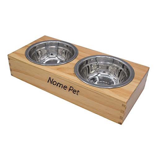 WOOD YOU Ciotole Doppie per Cani e Gatti, Base in Pino, 30x16x6 cm, Ciotole in Acciaio Inox da 12 cm, Personalizzabile, Made in Italy