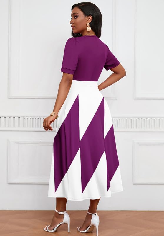 Image of MarryUP Women's Midi Dresses - V Neck Cocktail & Church Tea Dresses - Short Sleeve A-Line Swing Dress