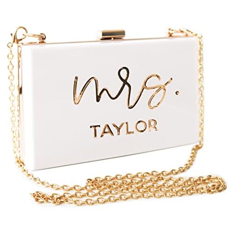 ModParty Mrs Personalized Clutch Purse | White & Gold Acrylic Bride Purse | Engagement, Bridal Shower Gift for Bride| Honeymoon Accessory | Crossbody with Removable Chain Cover