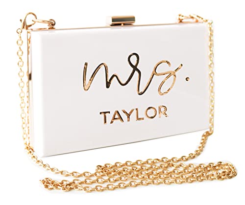 ModParty Mrs Personalized Clutch Purse | White & Gold Acrylic Bride Purse | Engagement, Bridal Shower Gift for Bride| Honeymoon Accessory | Crossbody with Removable Chain