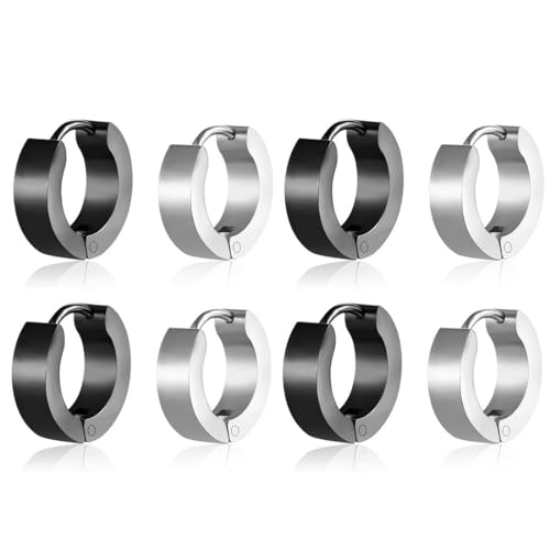 4 Pares Pendientes acero inoxidable negro plata mate hombres/mujeres Pendientes de aro clásicos,Pequeños Pendientes del Aro de Acero Inoxidable para Hombres Negro único Oreja Piercing 9mm